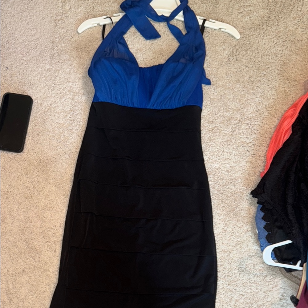 Sweet Storm Blue and Black Tie Front Sheath Dress